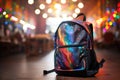 School backpack on blurred background. Back to school, education, study concept. Generative AI