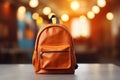 School backpack on blurred background. Back to school, education, study concept. Generative AI