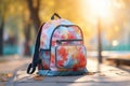 School backpack on blurred background. Back to school, education, study concept. Generative AI