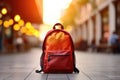 School backpack on blurred background. Back to school, education, study concept. Generative AI