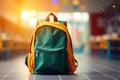 School backpack on blurred background. Back to school, education, study concept. Generative AI