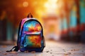 School backpack on blurred background. Back to school, education, study concept. Generative AI