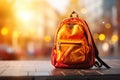 School backpack on blurred background. Back to school, education, study concept. Generative AI