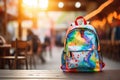 School backpack on blurred background. Back to school, education, study concept. Generative AI