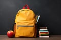 School backpack with books and apple on wooden table against blackboard background, Backpack with school supplies on gray Royalty Free Stock Photo