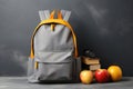 School backpack with books and apples on table against dark background. Back to school, Backpack with school supplies on a gray Royalty Free Stock Photo