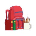 School backpack with books and mugs with pencils, colorful design Royalty Free Stock Photo