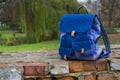 School backpack on brick wall Royalty Free Stock Photo