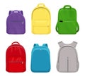 School backpack. College realistic students handy items luggage travel vector collection front side