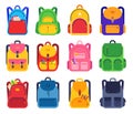 School backpack. Color schoolbags zipper and pockets with stationery supplies for students, rucksacks for traveling, study flat