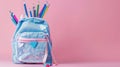 School backpack filled with light blue, pink, and white colored pencils on pastel pink background. Ai Generated Royalty Free Stock Photo