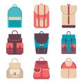 School backpack in a flat style. Kids backpack on a colored background. Set youth backpacks. Child backpack vector Royalty Free Stock Photo