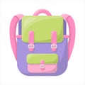 School backpack for girls. Bright and cute backpack for ladies. In flat style. Isolated on a white background