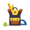 School backpack icon. Kids rucksack, knapsack isolated on white background. Bag with supplies, ruler, pencil, paper. Pupil satchel