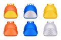 School backpack icons, isolated on white background. Vector 3d realistic illustration of multicolor kids rucksack Royalty Free Stock Photo