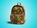 School backpack military colors front view 3d render on blue background with shadow Royalty Free Stock Photo
