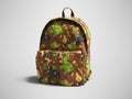 School backpack military colors front view 3d render on gray background with shadow