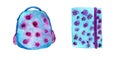 School backpack and notepad in watercolor. Blue backpack and notepad with pink flowers. Illustration for the school