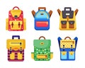 School backpack set. Kids rucksack, knapsack isolated on white background. Bag with supplies, ruler, pencil, paper. Pupil satchel