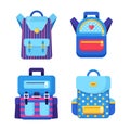 School backpack set. Kids rucksack, knapsack isolated on white background. Bag with supplies, ruler, pencil, paper. Pupil satchel