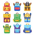 School backpack set. Kids rucksack, knapsack isolated on white background. Bag with supplies, ruler, pencil, paper. Pupil satchel