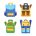 School backpack set. Kids rucksack, knapsack isolated on white background. Bag with supplies, ruler, pencil, paper. Pupil satchel