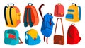 School Backpack Set Vector. Education Object. Kids Equipment. Colorful Schoolbag. Isolated Cartoon Illustration