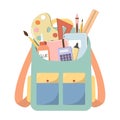 School backpack with stationery. Open school bag with copybooks and pens