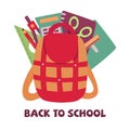 School backpack with supplies. Back to school vector illustration