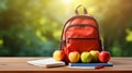 School backpack with supplies and laptop on a table - generative ai Royalty Free Stock Photo