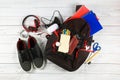 School backpack supplies and a tablet with headphones. Royalty Free Stock Photo