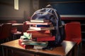 school backpack surrounded by books and notebooks