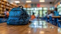 School backpack on table with blurred classroom of children in backgroundback to school theme. Royalty Free Stock Photo