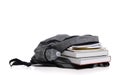 School backpack on a white background with books and spiral notebooks Royalty Free Stock Photo