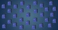 School backpacks in blue are neatly arranged in rows on dark blue background