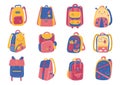 School backpacks. Children bright bags, funny color study equipment, kids elements, cartoon doodle style rucksacks