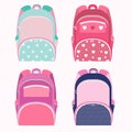 School backpacks for girl collection isolated on white. School bags in 4 different versions. Vector illustration