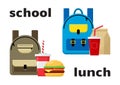 School backpacks and lunch food. Vector