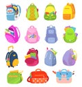 School backpacks, set of kids school bags isolated on white vector illustrations. Sacks, rucksacks, schoolbags for