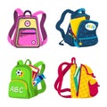 School backpacks, stylish rucksacks for schoolchildren, preschool or college. Vector cartoon set