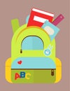 School bag backpack full of supplies children stationary zipper educational sack vector illustration. Royalty Free Stock Photo