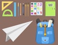 School bag backpack full of supplies children stationary zipper educational sack vector illustration. Royalty Free Stock Photo