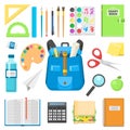 School bag backpack full of supplies children stationary zipper educational sack vector illustration. Royalty Free Stock Photo