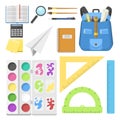 School bag backpack full of supplies children stationary zipper educational sack vector illustration. Royalty Free Stock Photo