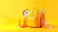 school bag with books and school accessories and an alarm clock on a yellow background. Time to school concept background Royalty Free Stock Photo