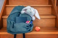 School bag with cuddly toy, supplies and lunch Royalty Free Stock Photo