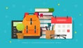 School bag and education objects on desk vector illustration, flat cartoon backpack with books, calendar, pens and