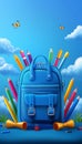 School bag essentials banner design featuring stationery supplies on blue background Royalty Free Stock Photo