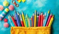 School bag essentials stationery supplies banner design for education on blue background Royalty Free Stock Photo