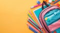 School bag essentials stationery supplies banner design for education on yellow background Royalty Free Stock Photo